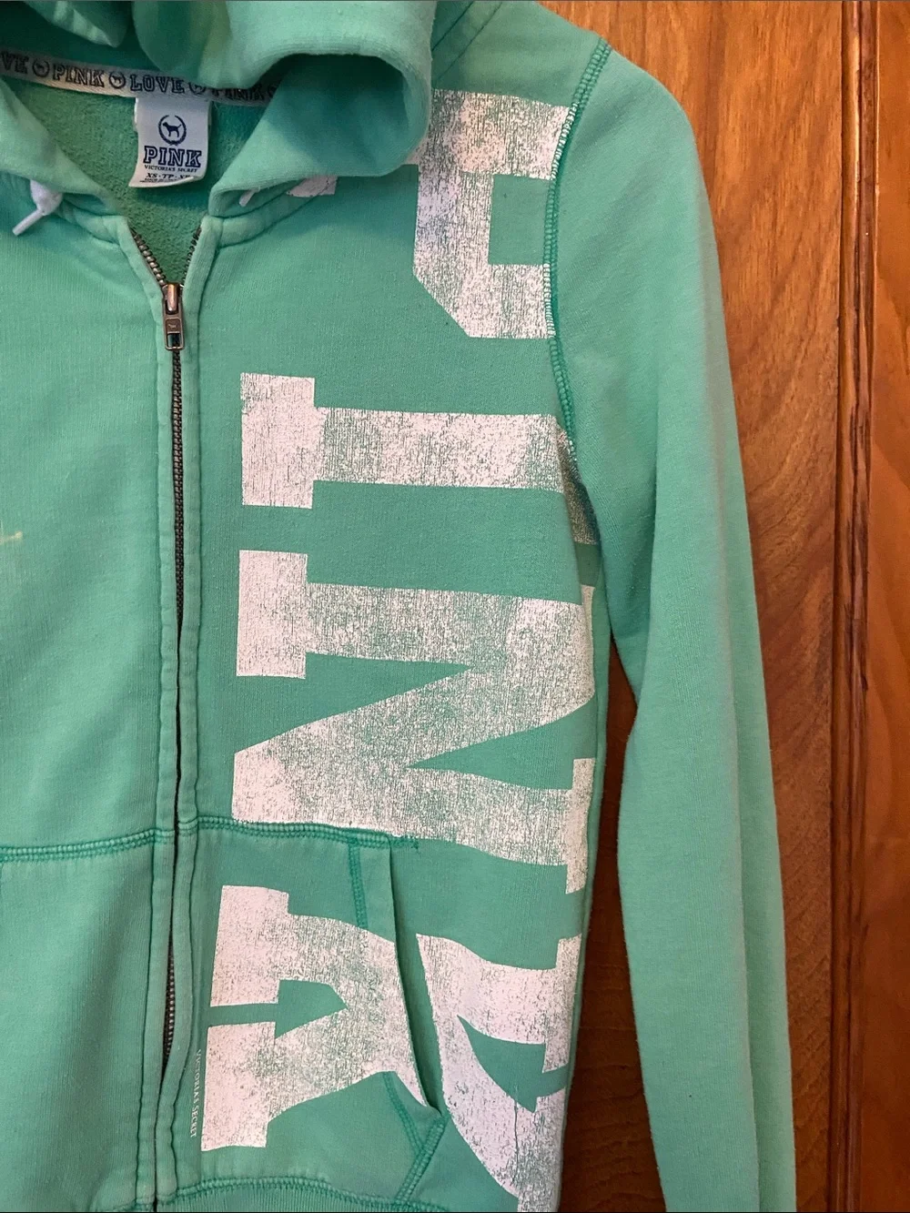 PINK Victoria's Secret Mint Green Zip Hoodie with Vintage Lettering - Picture 3 of 6